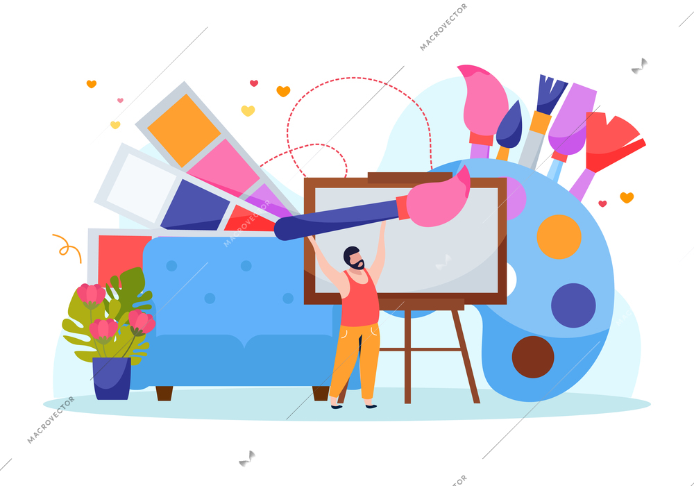 International artists day flat recolor concept with painter male character easel stand paints and brushes cartoon vector illustration