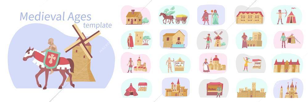 Medieval compositions flat set of isolated historical buildings and horse carriages with knight characters and castles vector illustration