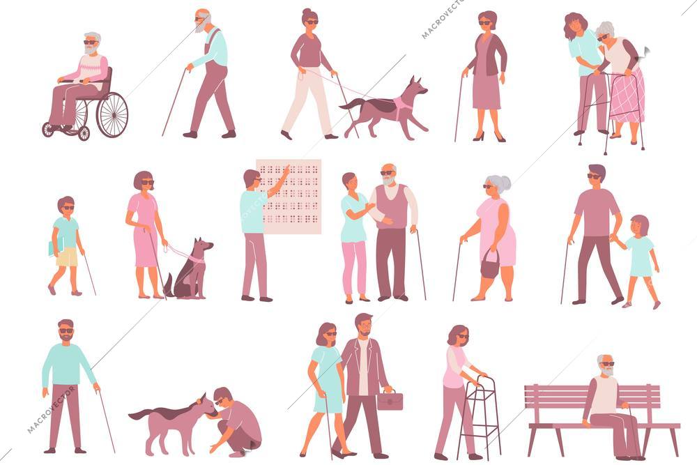 Blind people flat set with isolated characters of people suffering from eye diseases with assistance dogs vector illustration