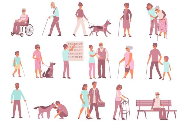 Blind people flat set with isolated characters of people suffering from eye diseases with assistance dogs vector illustration
