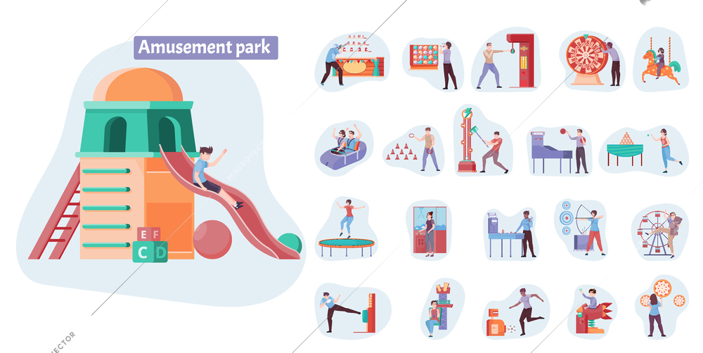 Entertainment set of isolated compositions with flat human characters images of amusement park and play equipment vector illustration