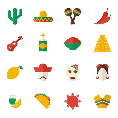 Mexico travel symbols flat icon set with cactus sombrero maraca chili pepper isolated vector illustration