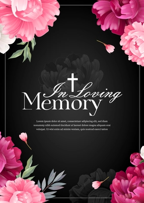 Vertical in loving memory mourning card with colored flowers on black background realistic vector illustration