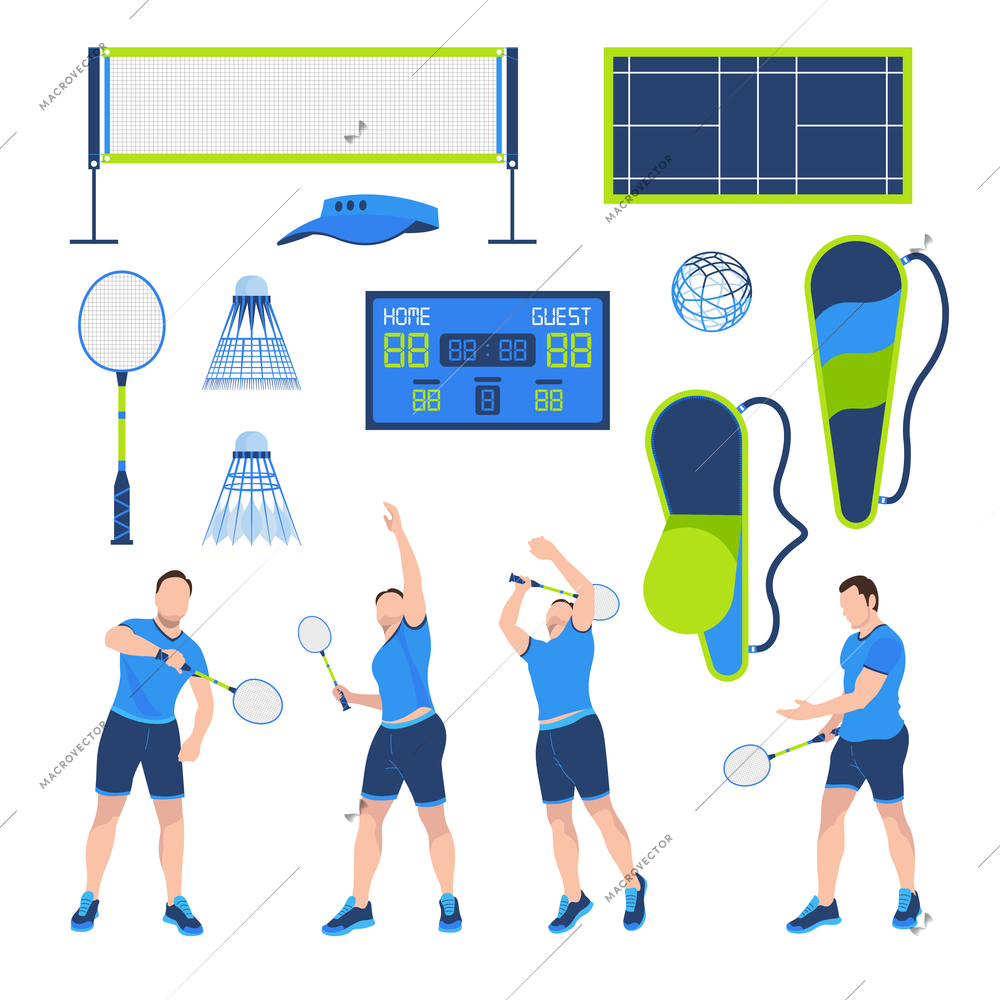 Badminton flat set with male player shuttlecock racket scoreboard net court ball isolated against white background vector illustration