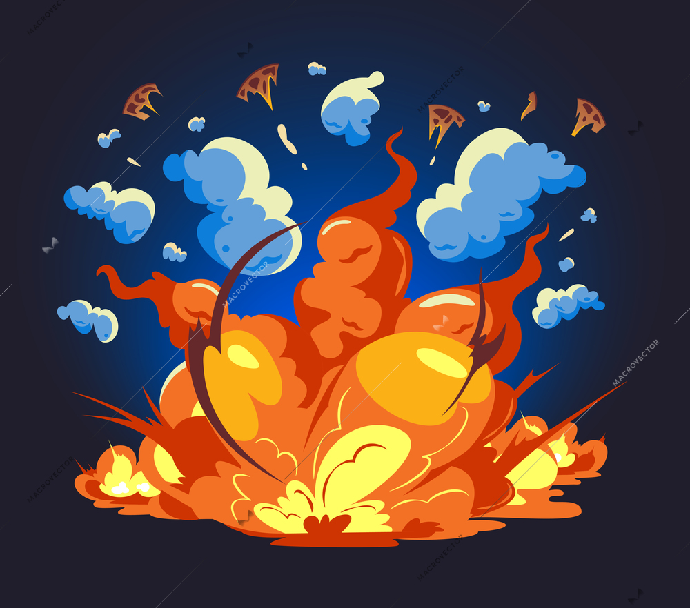 Big bomb explosion with fireball shrapnel and smoke on dark background cartoon vector illustration