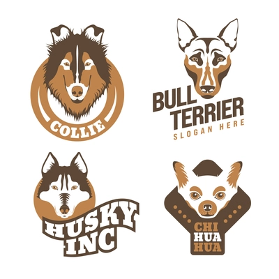 Flat dogs breeds logo design set with cute faces of collie bull terrier husky and chihuahua isolated vector illustration