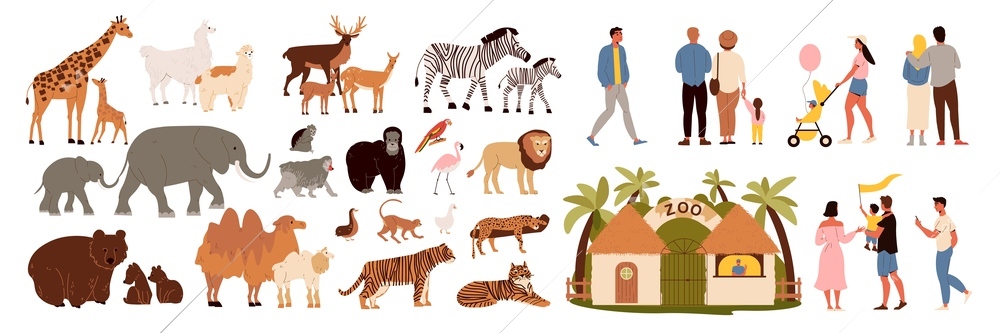 Zoo icons set with animals and visitors flat isolated vector illustration