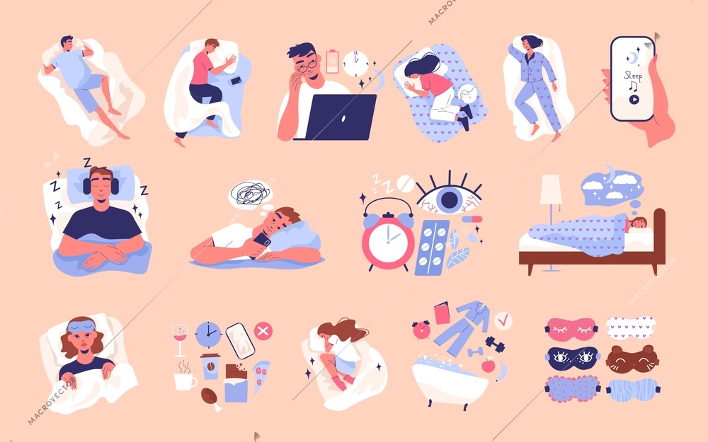 Healthy sleep and insomnia color set with bedtime symbols flat isolated vector illustration