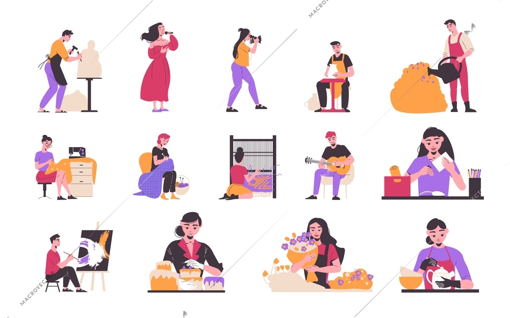 Hobby color set with music and cooking symbols flat isolated vector illustration