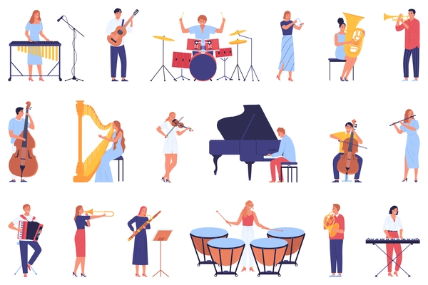 Set of isolated musician icons with characters of sound performers playing various acoustic and electric instruments vector illustration