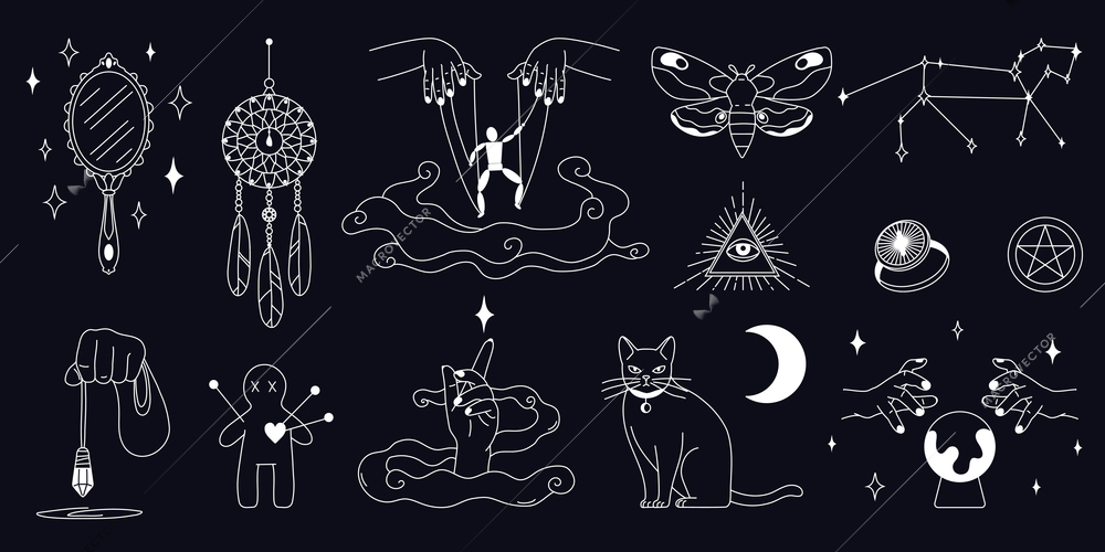 Mystic boho set of isolated chalkboard style icons of occult goods and symbols with totem animals vector illustration