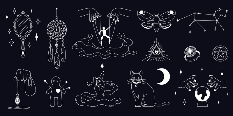 Mystic boho set of isolated chalkboard style icons of occult goods and symbols with totem animals vector illustration