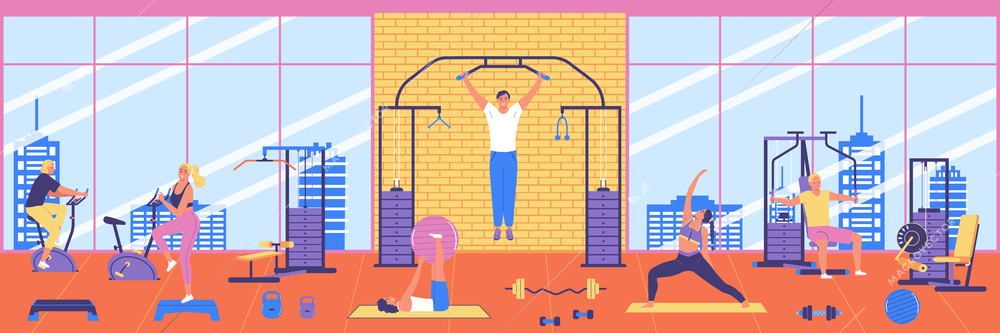 Fitness horizontal background with people doing sports on simulators in gym flat color vector illustration