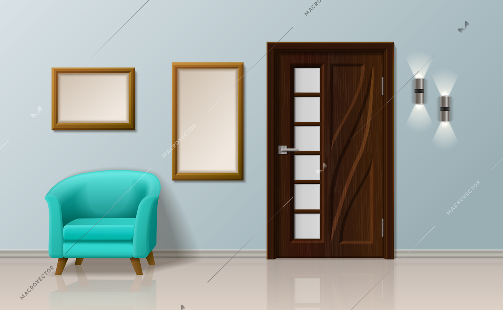 Door realistic composition with front view of modern room interior with armchair frames and closed door vector illustration