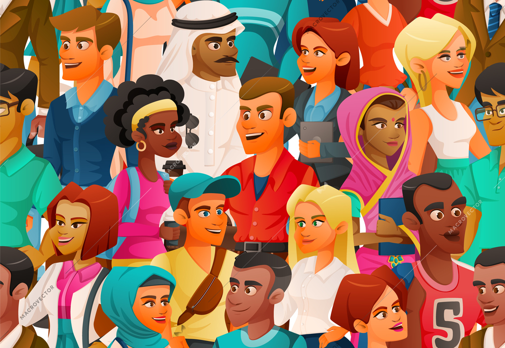 Cartoon characters diversity composition with view of crowd with young people of colour wearing different outfits vector illustration