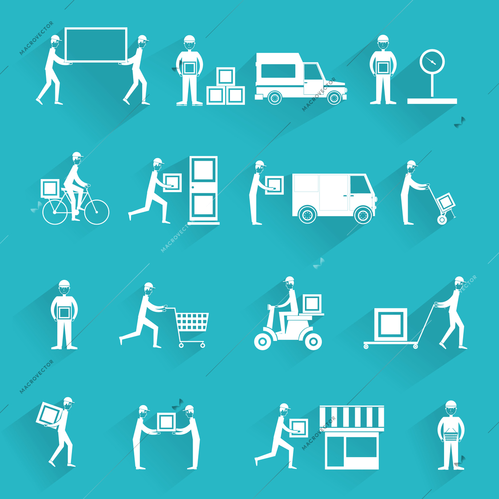 Delivery person freight logistic business service icons white set isolated vector illustration