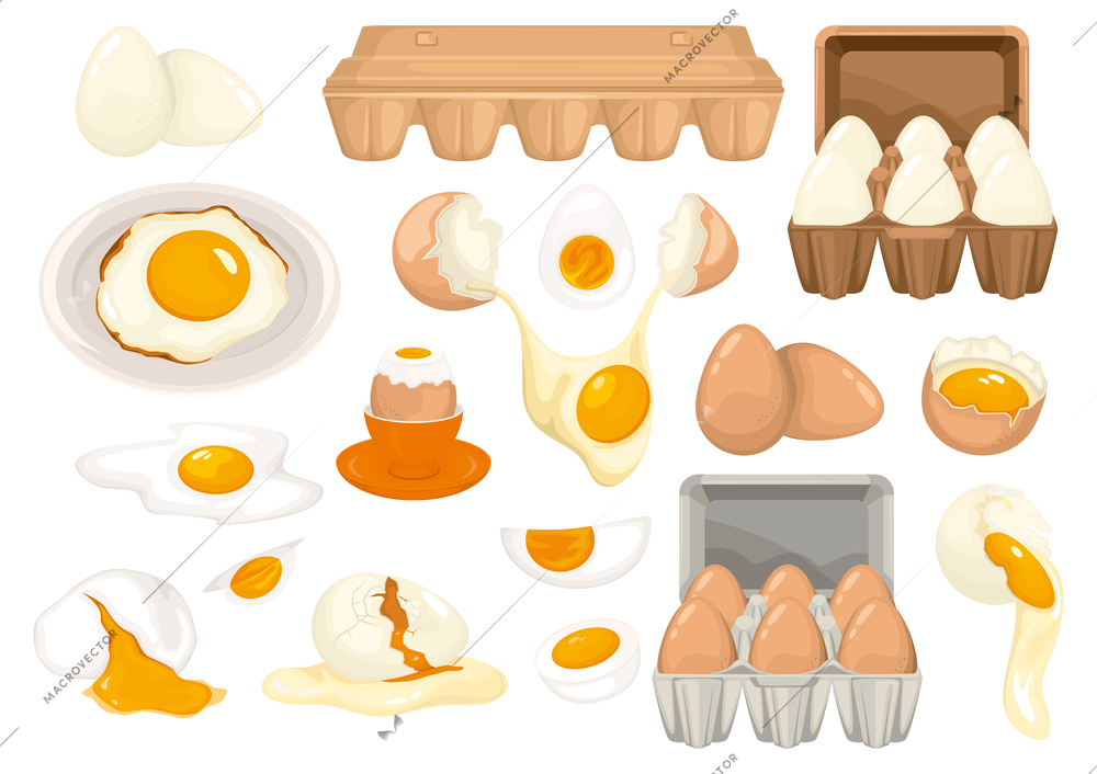 Eggs set with isolated icons of whole and cracked food eggs with carton packages vector illustration