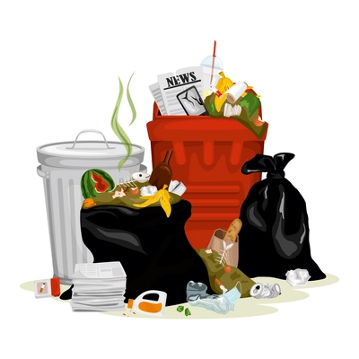 Trash garbage composition with isolated image of fulfilled bins with mixed garbage paper and organic waste vector illustration