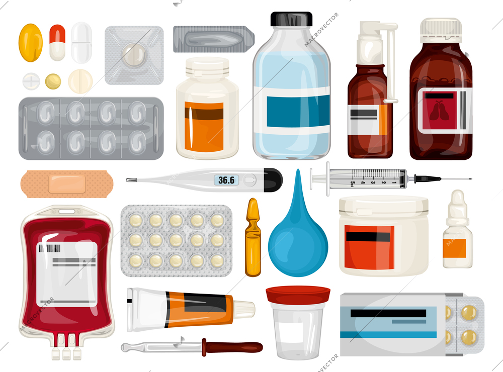 Healthcare medications set of isolated icons with syrup bottles pills thermometers with pipette and vaccine ampoules vector illustration