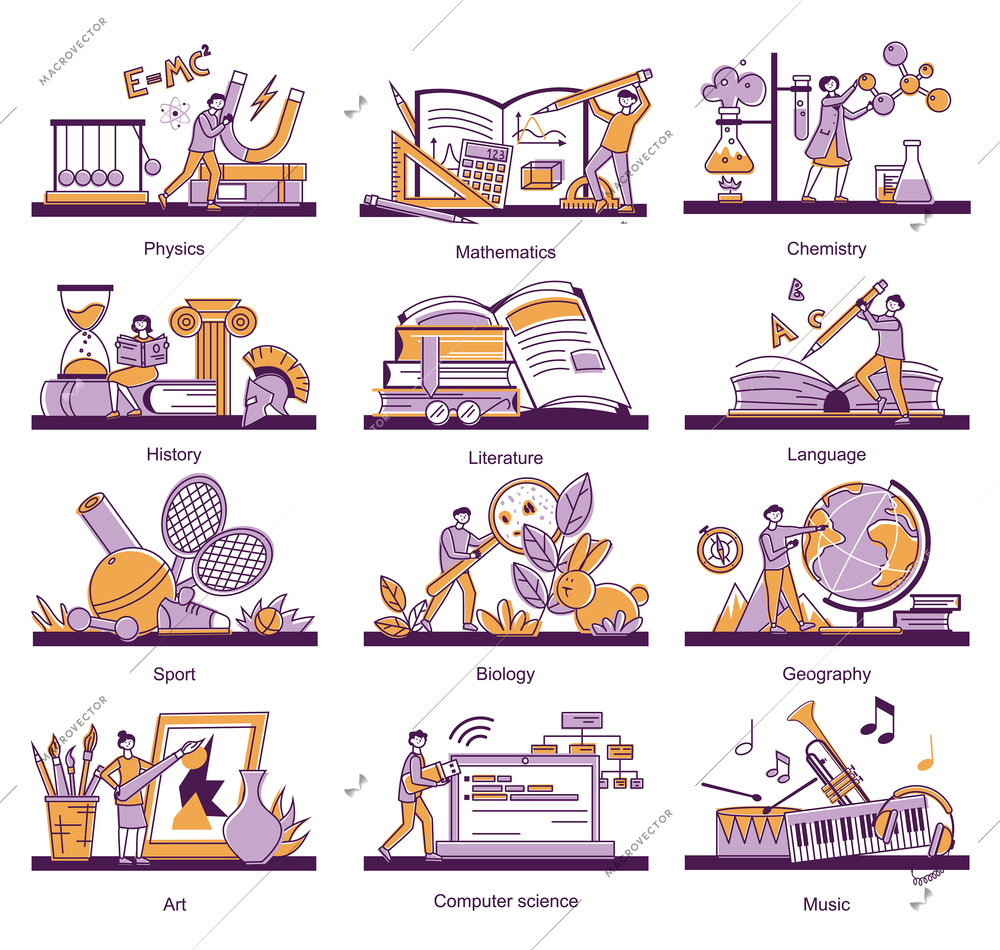 School education subject set of isolated compositions with editable text captions and images of learning materials vector illustration