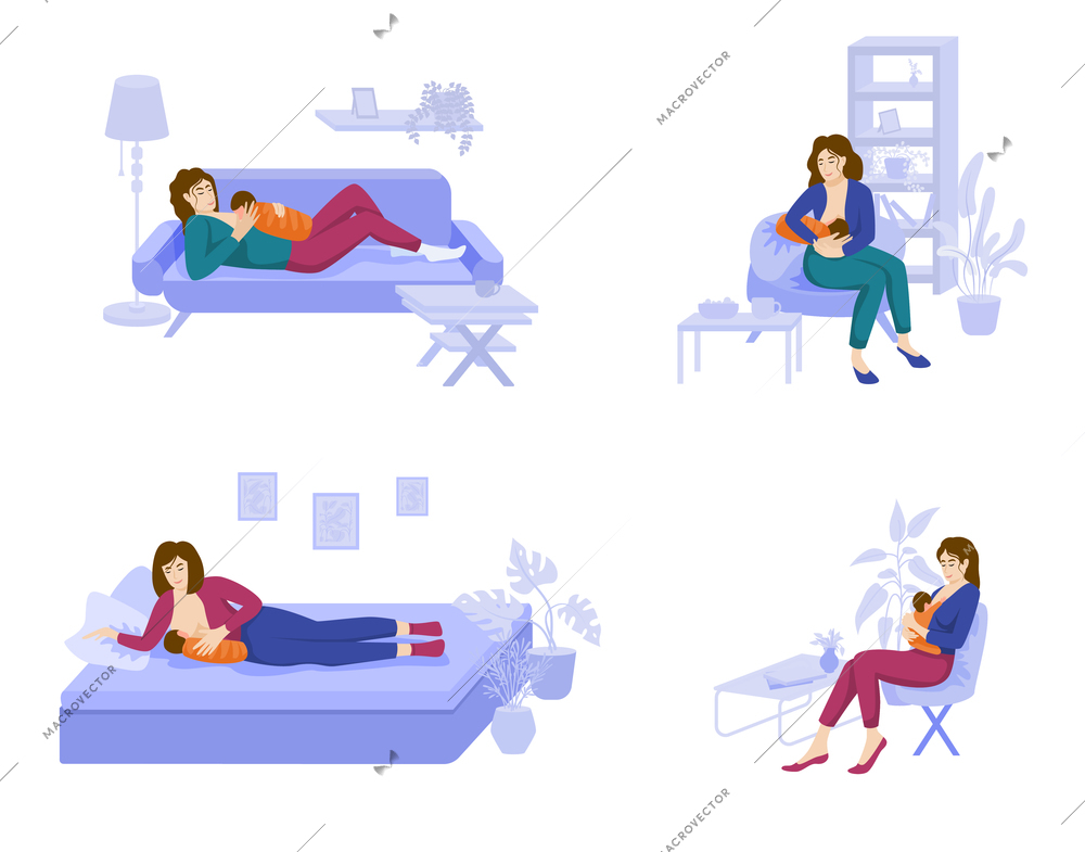 Baby breast feeding set of four flat isolated compositions with home interior elements mother and baby vector illustration