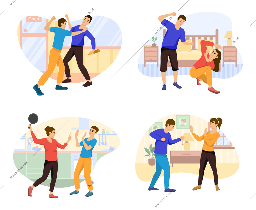 Domestic violence flat compositions set with views of home interiors and characters of partners in fight vector illustration