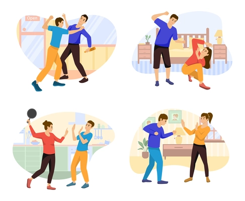 Domestic violence flat compositions set with views of home interiors and characters of partners in fight vector illustration