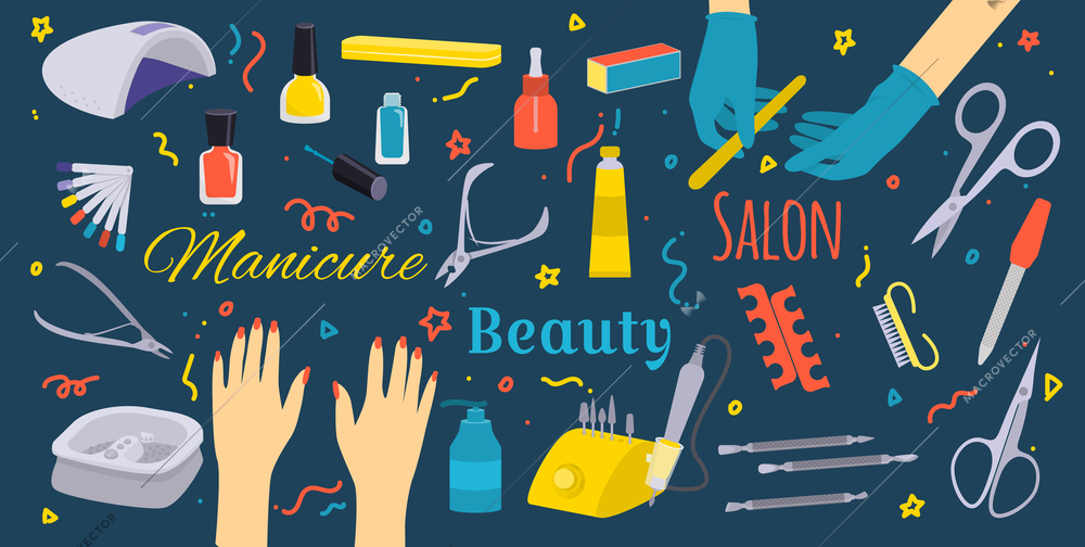 Manicure flat composition with isolated abstract elements images of human hands cosmetic instruments and ornate text vector illustration