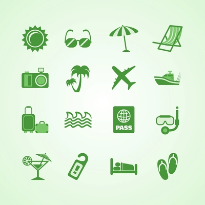 Vacation travel green icons set of sun palm beach and martini isolated vector illustration