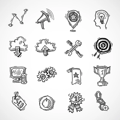 SEO internet marketing sketch icons set with choice optimisation social network cloud isolated vector illustration