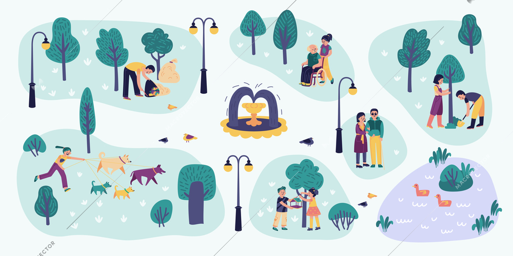 Volunteer composition with view of city park with lake lamp posts and characters of volunteering people vector illustration