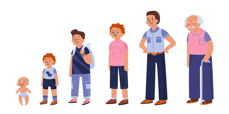 Generation men set with isolated human characters of males of different age from baby to senior vector illustration