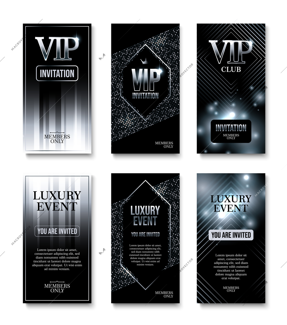 Vip club party premium invitation set of six vertical compositions with luxury abstract backgrounds and text vector illustration