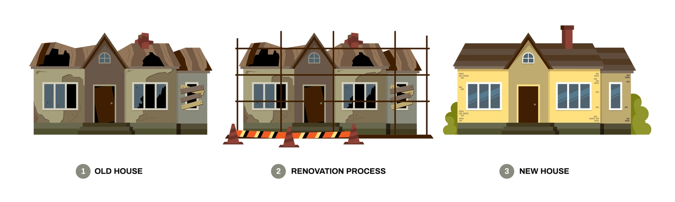 Reconstruction of building composition with images of crumbling and renovated old house with editable text captions vector illustration