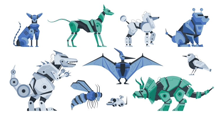 Robot toy animal color icon set with isolated images of wild and domestic animals shaped droids vector illustration