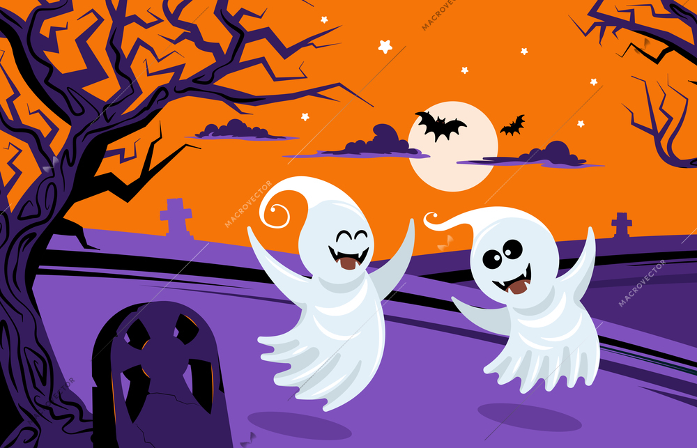 Ghost composition with outdoor scenery and cartoon style characters of dancing ghosts with gravestones and crosses vector illustration