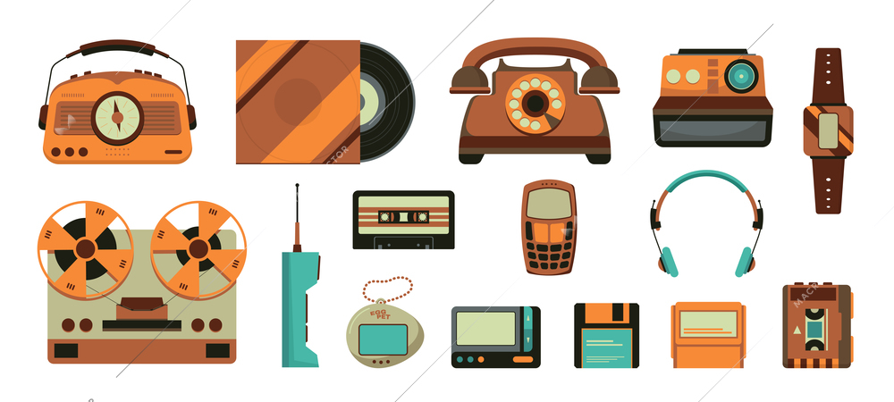 Retro technology color set of isolated icons with audio sources storage drives telephones and tape player vector illustration