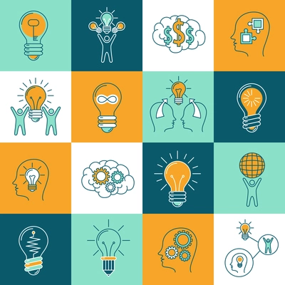 Idea creative innovation thinking icons set with light bulbs and human brain isolated vector illustration