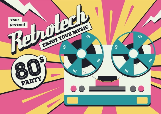 Retro technology horizontal poster with pop art style image of vintage reel tape player and text vector illustration