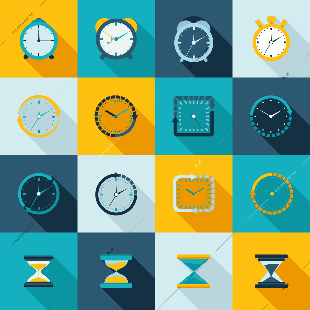 Alarm clock old sand watch stopwatch timer icons flat set isolated vector illustration