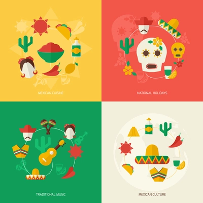 Mexico travel symbols flat icon set with mexican cuisine national holidays traditional music culture isolated vector illustration