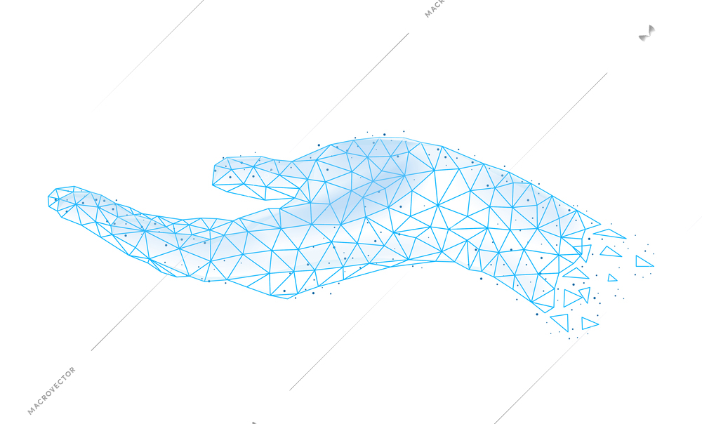 Polygonal wireframe hands composition with isolated image of human hand covered with polygons vector illustration