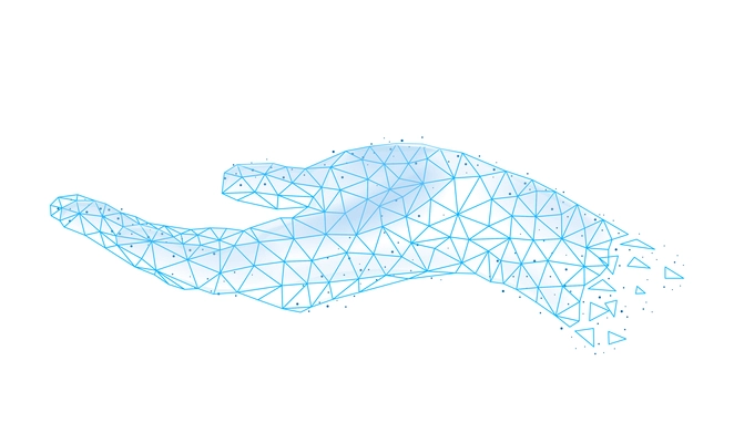 Polygonal wireframe hands composition with isolated image of human hand covered with polygons vector illustration