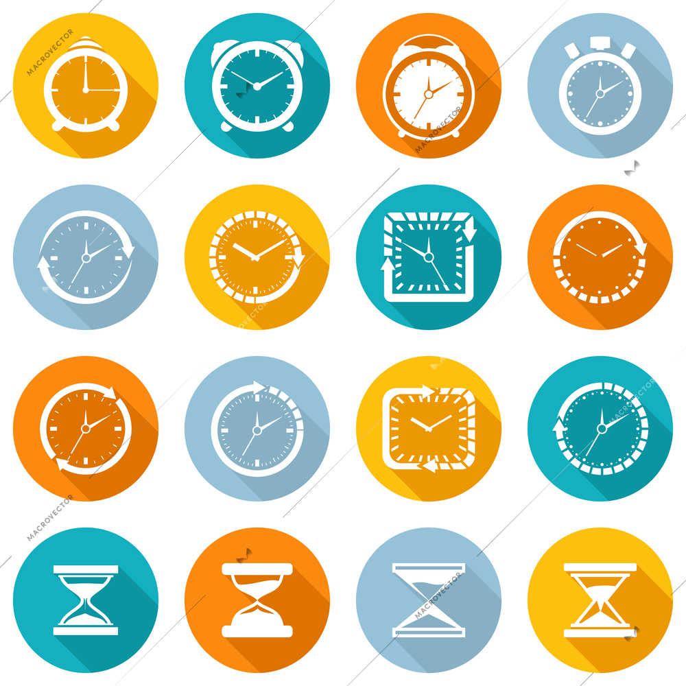 Alarm clock old sand watch stopwatch timer time management icons white set isolated vector illustration