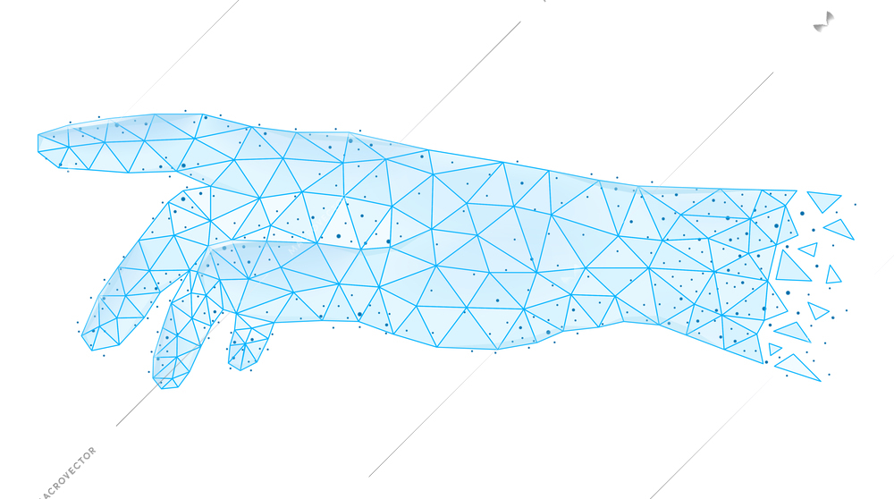 Polygonal wireframe hands composition with isolated image of human hand covered with polygons vector illustration