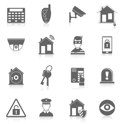 Home security burglar alarm system black icons set isolated vector illustration