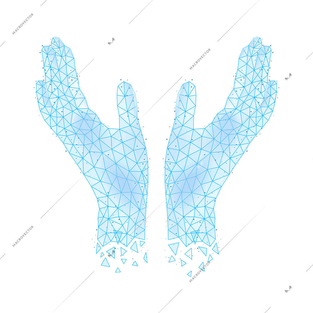 Polygonal wireframe hands composition with isolated image of human hands covered with polygons vector illustration