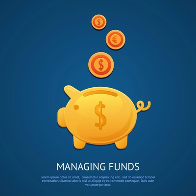 Funny pink piggy bank money box with golden coins managing funds poster vector illustration.