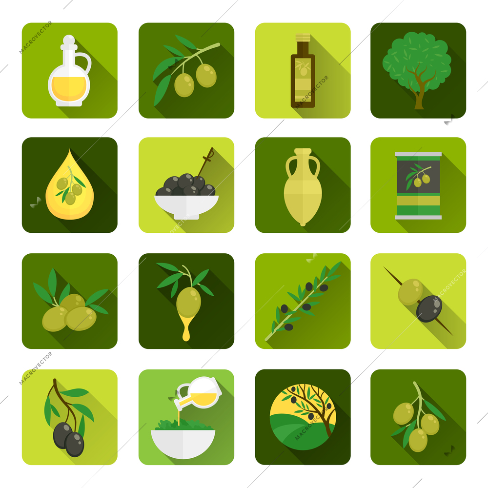 Natural organic olives flat long shadow icons set with tree oil branch leaf isolated vector illustration