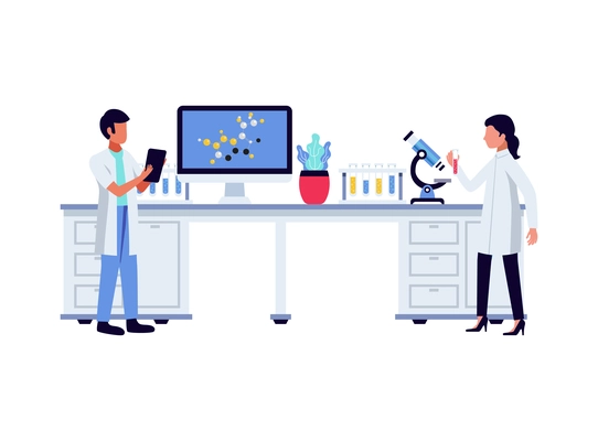 Pharmaceutic laboratory research chemistry scientists composition with human characters and lab equipment vector illustration